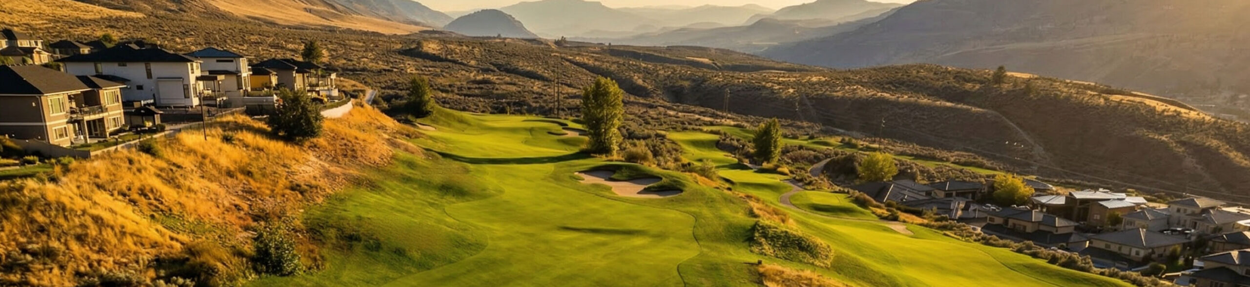 Golden hour view of Bighorn Golf Kamloops fairway winding through hillside homes and desert valley landscape
