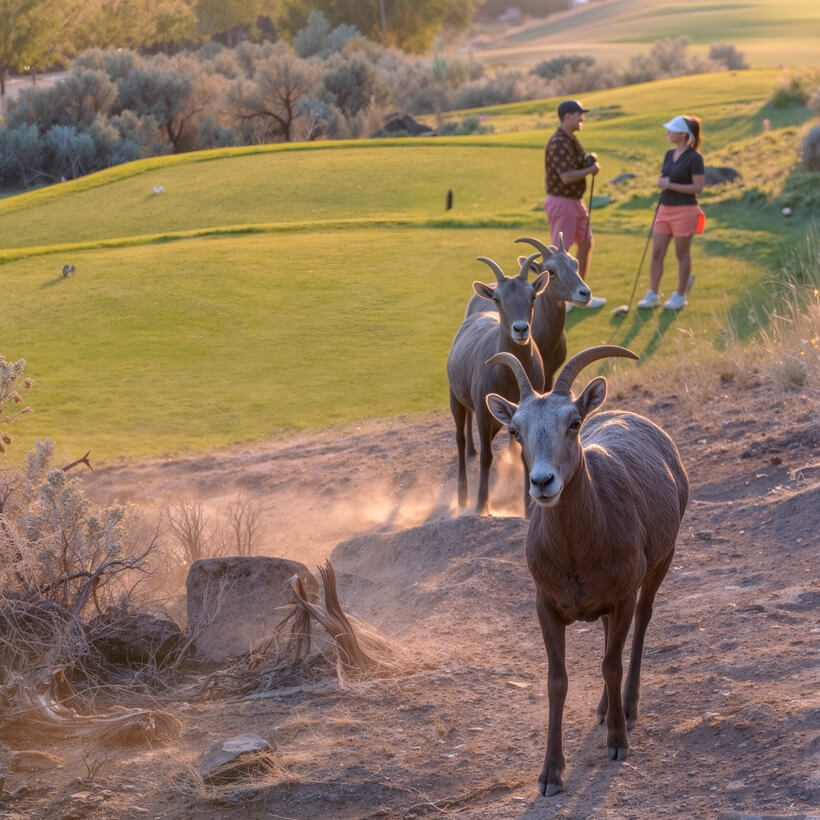 Bighorn sheep walking along hillside near green at Bighorn Golf Kamloops with golfers in background